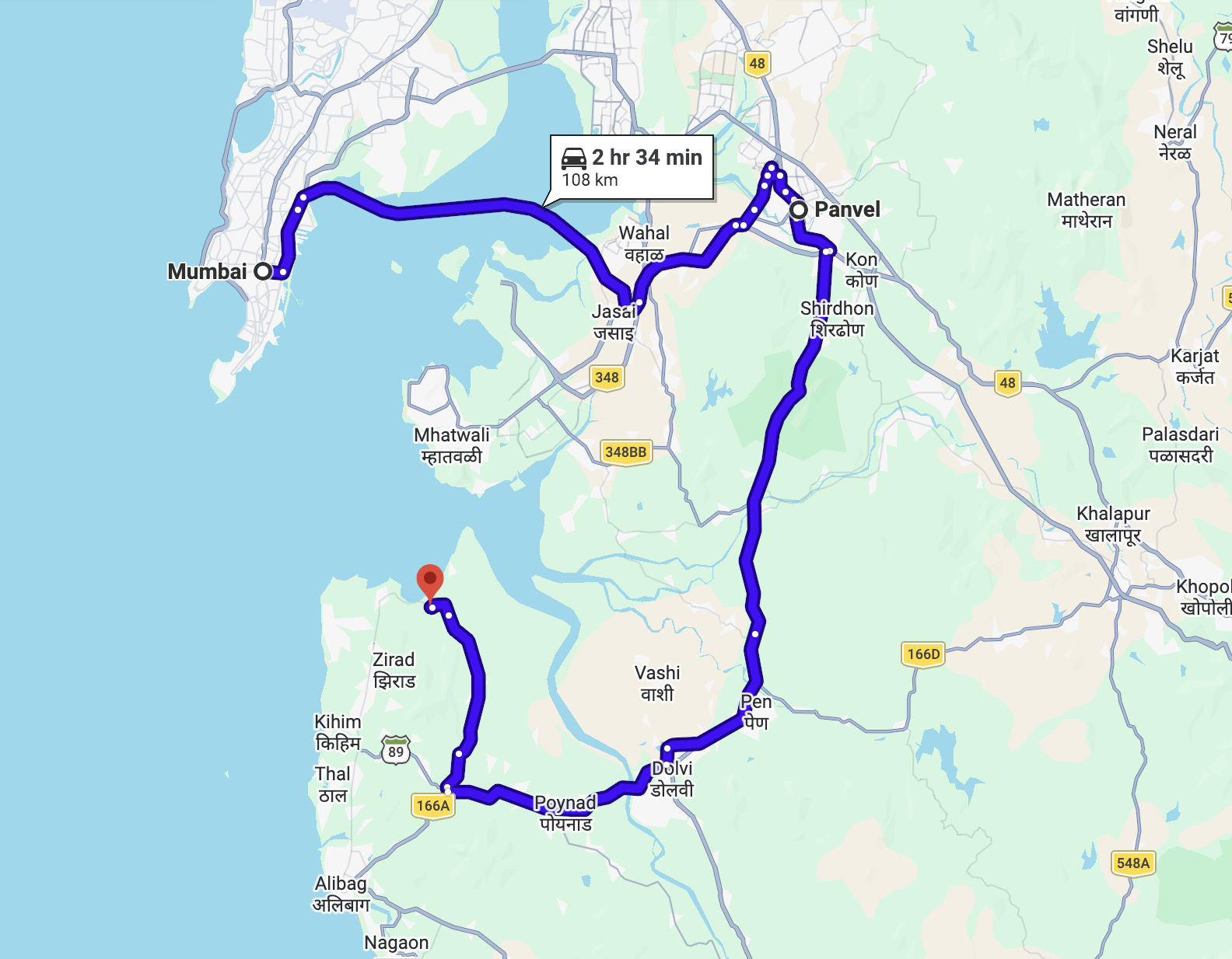 Map showing route connectivity from Mumbai and Panvel toward Koproli, Alibag